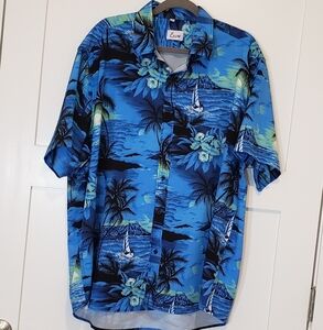 EUOW Hawaiian Shirt XXXL Short Sleeves Tropical Print Button Down Blue Green EUC